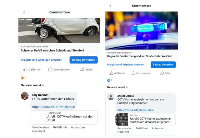 Exemples d'arnaques Dashcam dans les sections de commentaires Facebook (méta) | Photo : Heike Schwitalla