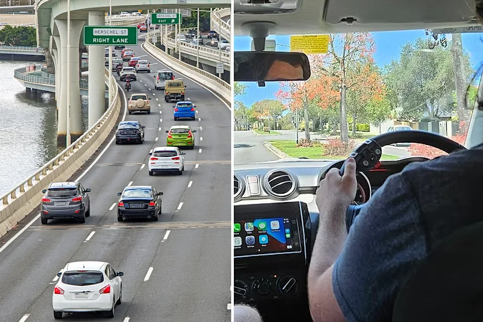 Gauche: le trafic circule sur l'autoroute. À droite: le conducteur de l'apprenant au volant.