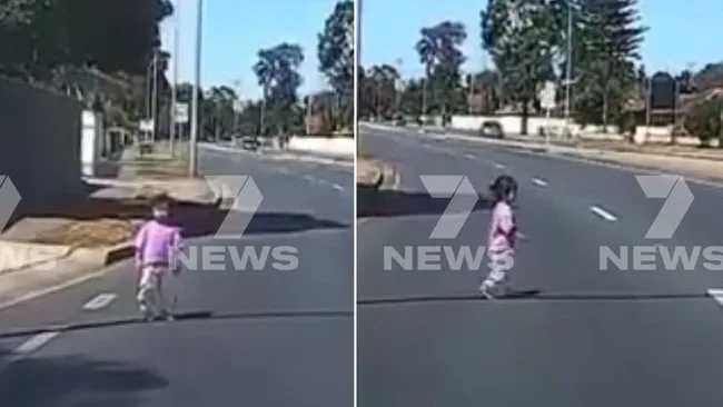 Des images de Dashcam montrent un enfant solitaire traversant Salisbury Hwy à Salisbury, alors que les automobilistes arrêtaient leur voiture et couraient pour la récupérer.
